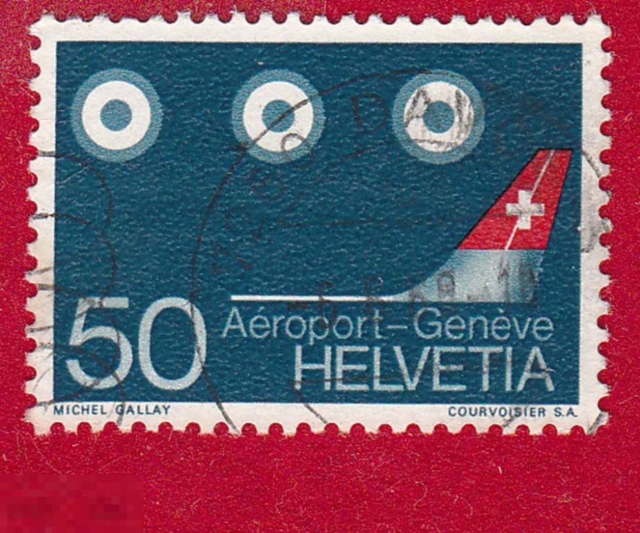 Марка Швейцария 1969 год. Авиасообщение. Авиация. Самолет. Аэропорт Женева. Швейцарские. Редкость!