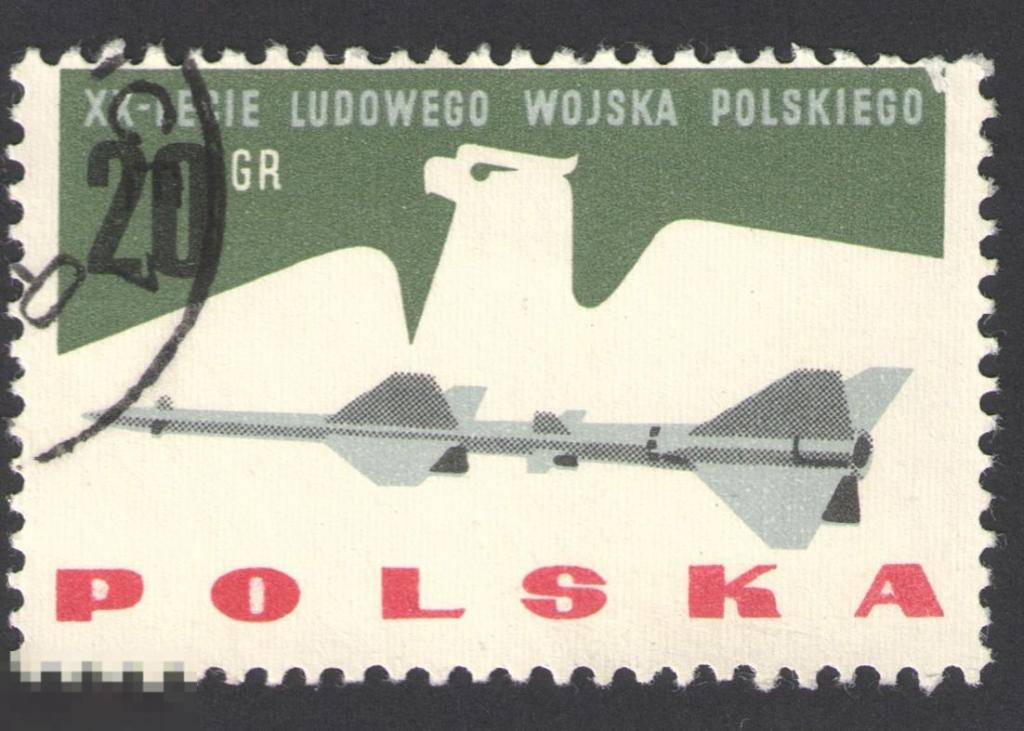 Марка Польша 1963 год. Ракета класса "Земля-воздух" 20 ЛЕТ Армии Польши Редкость.