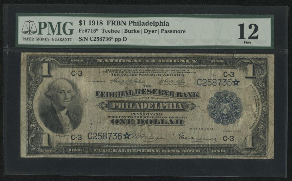 США. FRBN. 1 доллар 1918 г. Филадельфия. Замещенная серия.
