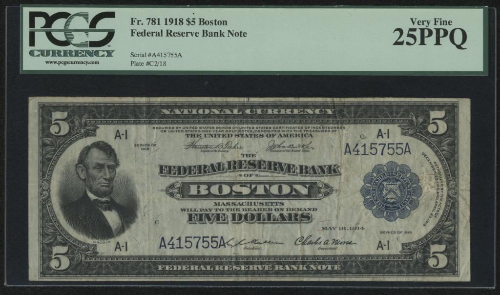 США. FRBN. 5 долларов 1918 г. Бостон.