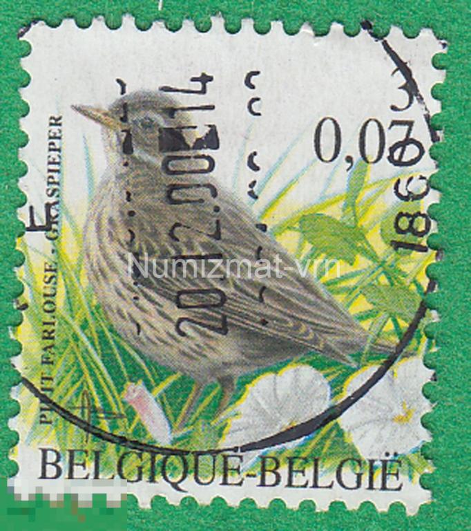 Марка Бельгия 1997 г. Лугово́й конёк — вид птиц из семейства трясогузковых.