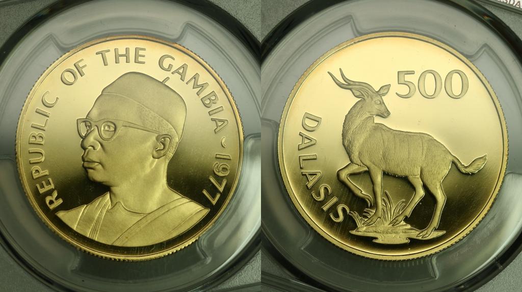Гамбия. 500 даласи 1977 года. Proof. В слабе PCGS PR69DCAM. 195350