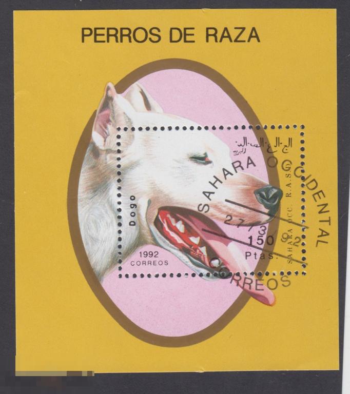 Марка Западная Сахара 1992 год. Германский дог Охотничьи собаки. Охота. Охотники.  Редкость.