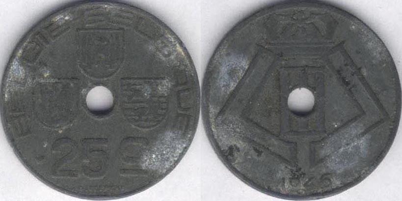 Монета Бельгия 25 сантимов 1946 г. VF-, Belgie-Belgique, цинк