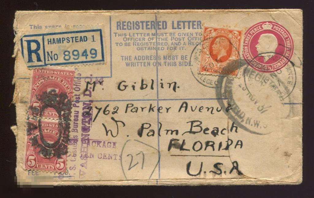 Великобритания 1937 заказной конверт в США,  доплатные марки