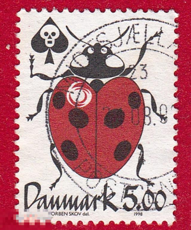 Марка Дания 1998 год. Божья коровка или кокцинеллиды семейство жуков Coccinellidae ЖУКИ