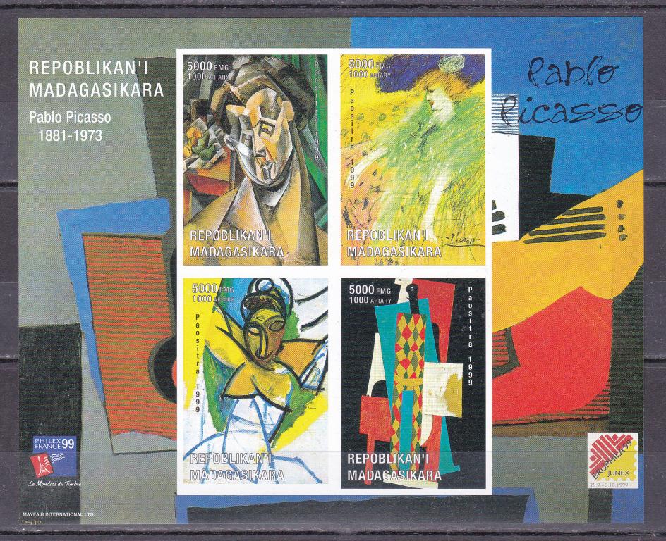 Марки Мадагаскар 1999 г. Картины Пабло Пикассо Блок MNH OG ** Искусство Живопись