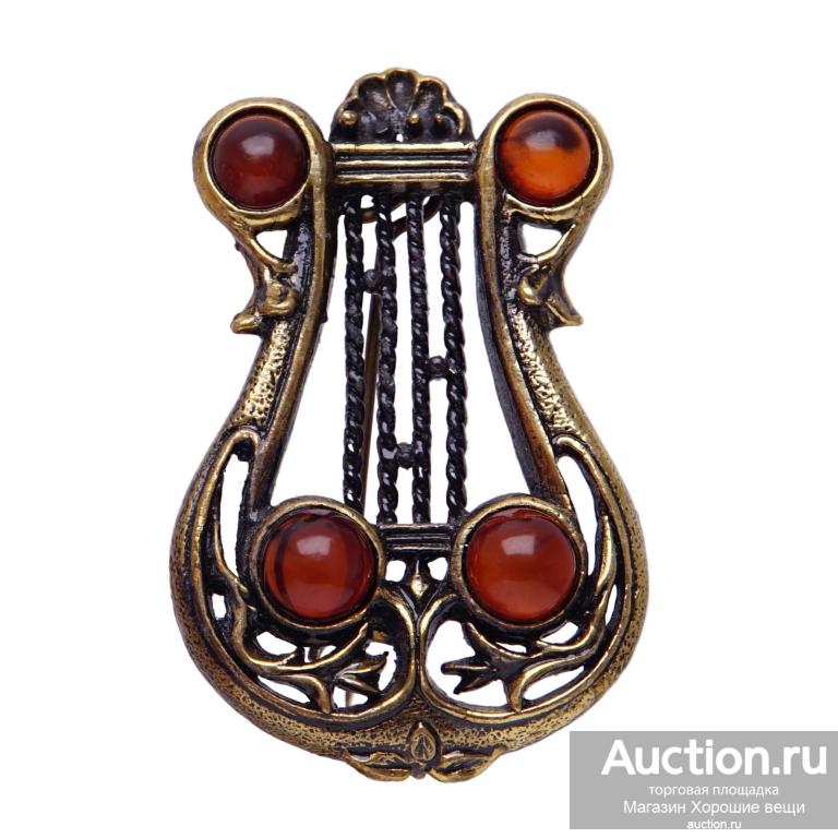 Брошь Лира янтарь бронза музыкальный инструмент арфа 4116 Хорошие Вещи