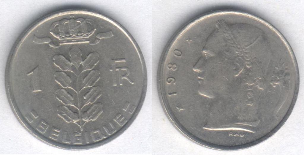 Монета Бельгия 1 франк 1980 г. VF+, Belgique