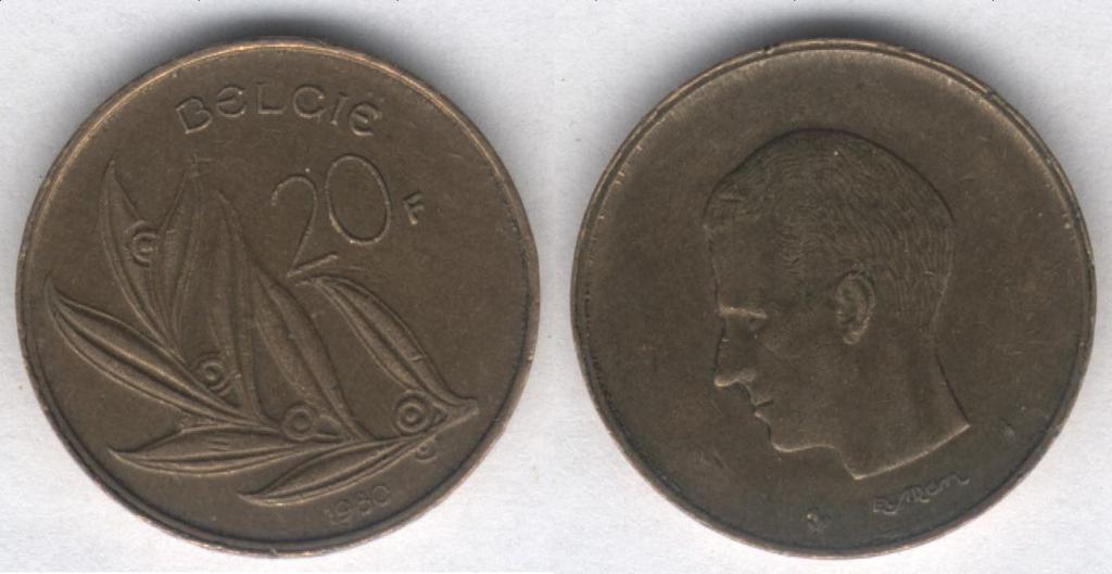 Монета Бельгия 20 франков 1980 г. VF, Belgie