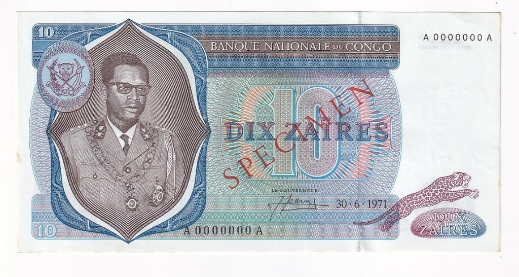 Конго Банкнота Образец 10 заир 1971 год  AUNC/UNC (42802)