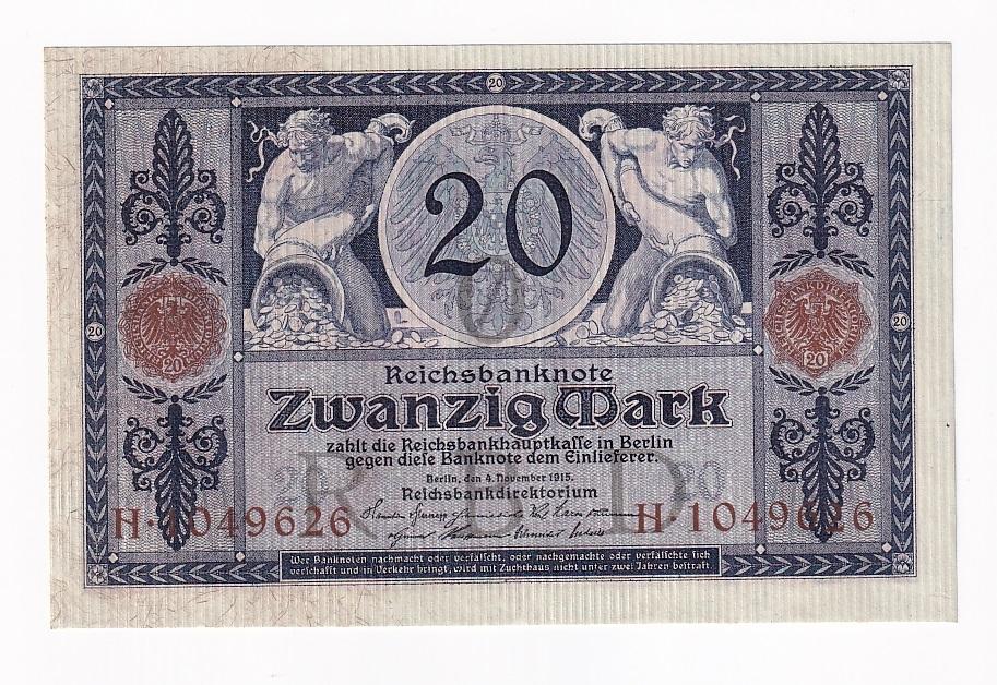 Германия Банкнота 20 марок 1915 год UNC (42775)