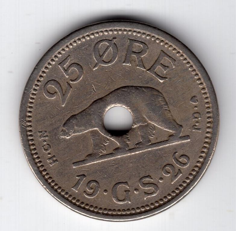 25 эре - Гренландия - 1926 - Полярный медведь - KM#6 - с отверстием