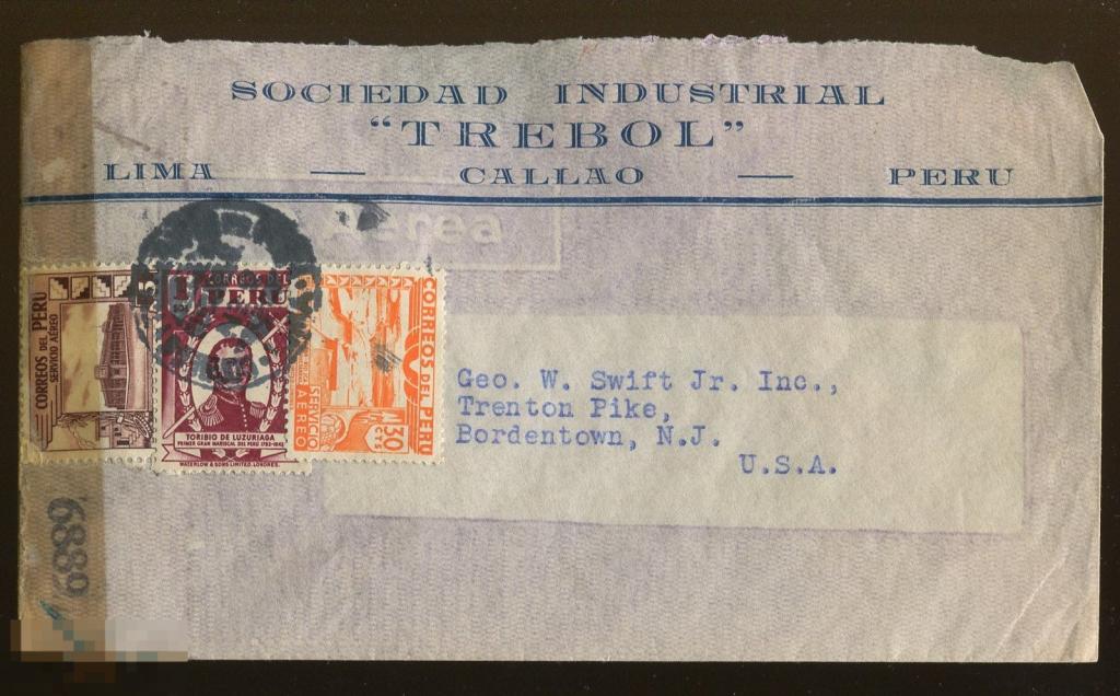 конверт  Перу - США 1943 цензура