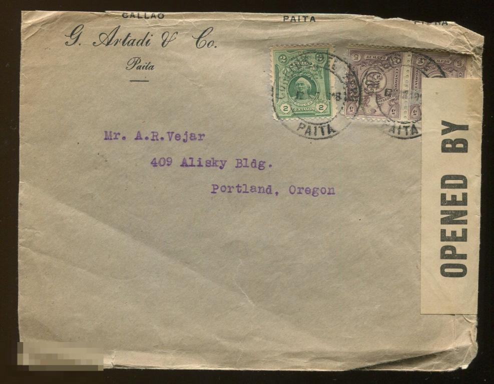конверт  Перу Пайта  - США 1917 цензура