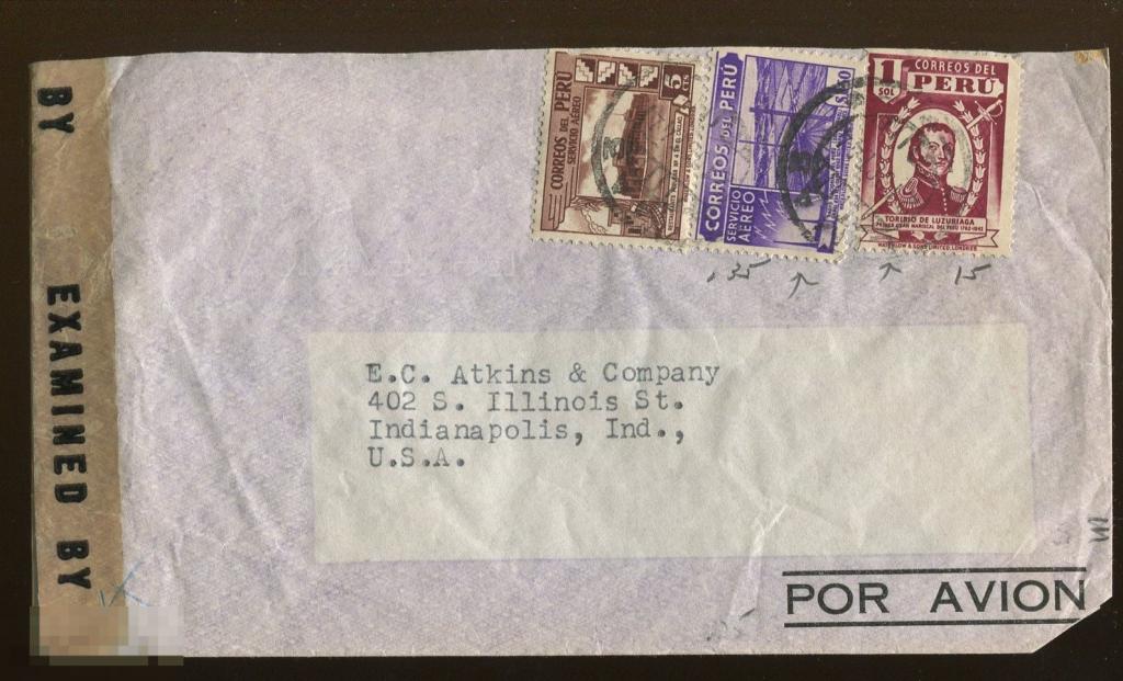 конверт  Перу - США 1944 цензура