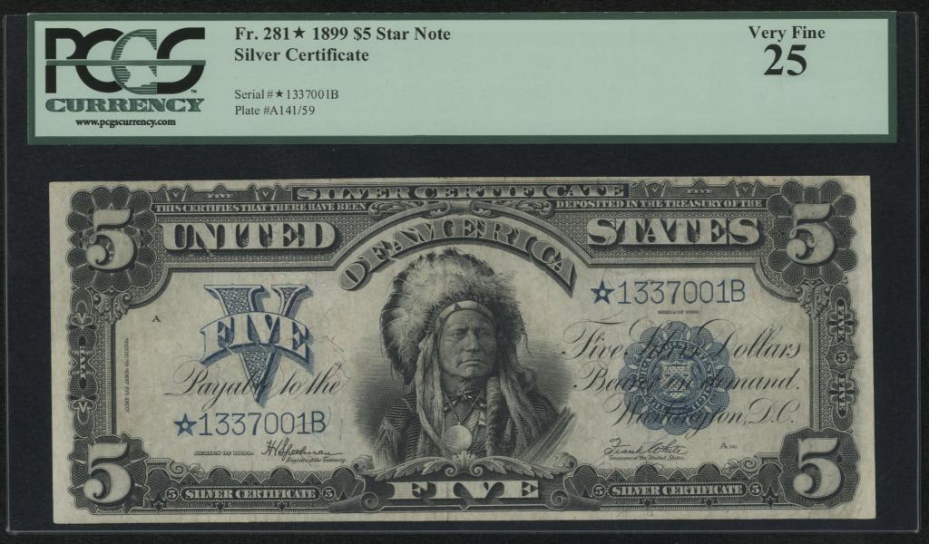 США. Silver Certificate. 5 долларов 1899 г. Замещенная серия.