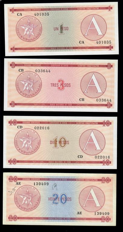 Куба СЕТ: 1, 3, 10, 20 песо 1985 валютный сертификат серия А