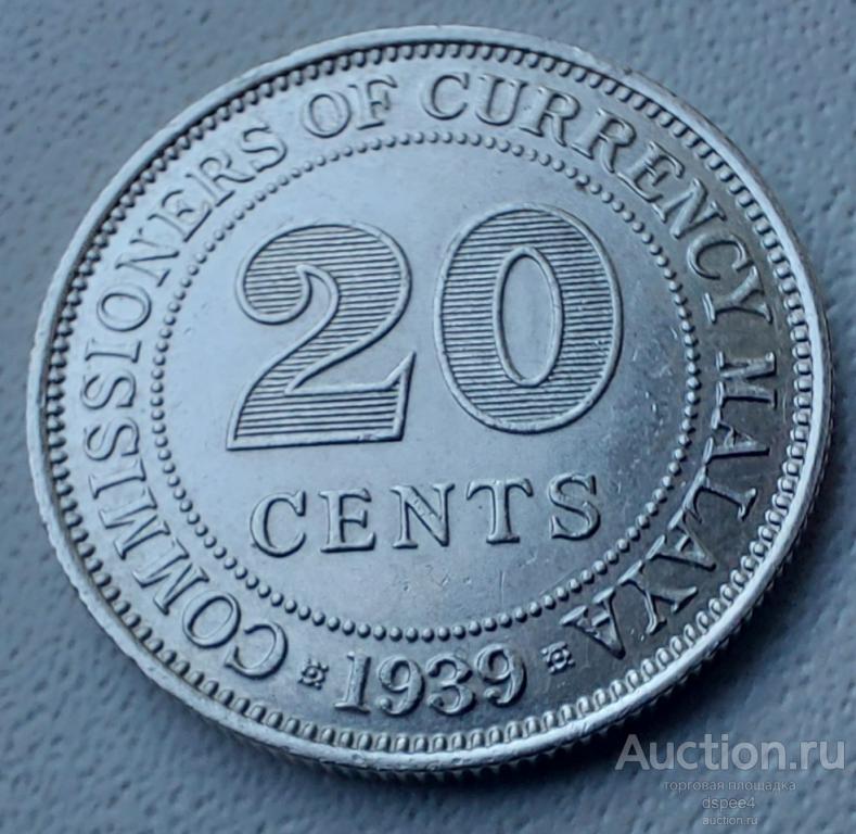 Малайя 20 центов 1939 Георг VI серебро Британская колония , штемпельный блеск