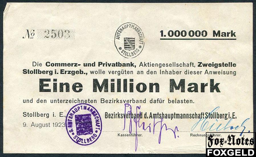 Stollberg Sachsen 1 Mio. Mark 1923 Bezirksverband Amtshauptmannschaft auf Commerz Privatbank №2503