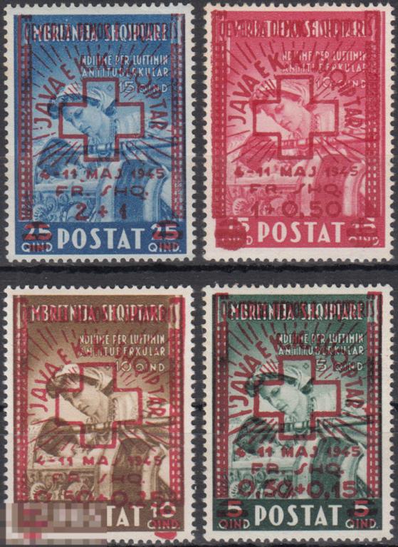 1945 Албания Медицина Красный Крест Надпечатка № 375 - 378 п/с ** 75 евро
