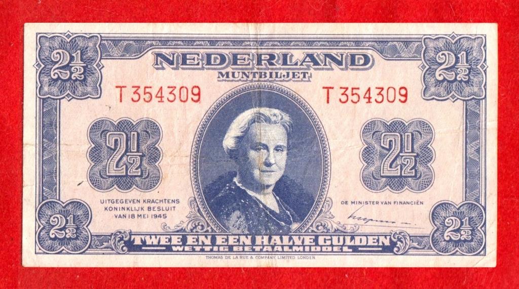 Нидерланды, 2,5 (2 1/2) гульдена, 1945, VF+, T 354309 – РЕДКАЯ ОДНОЛИТЕРНАЯ