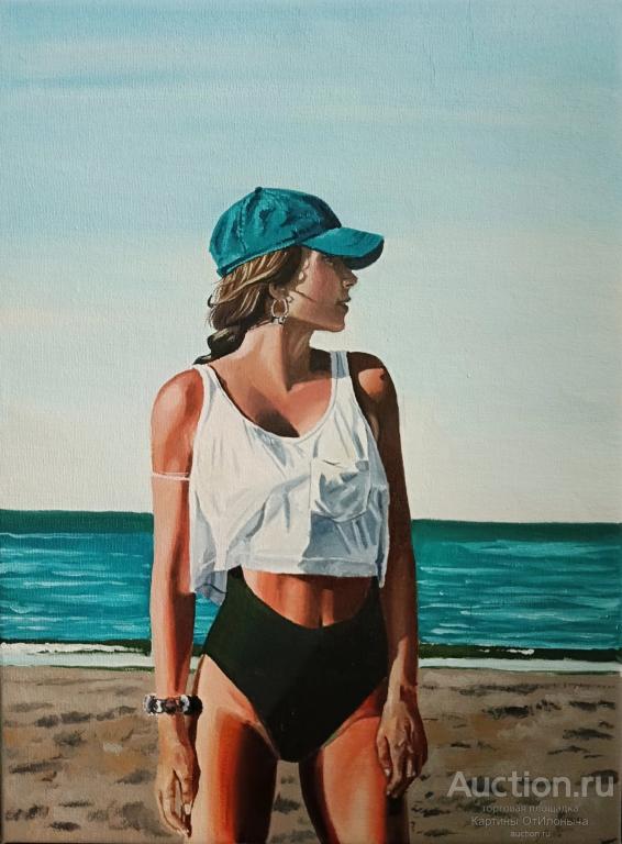 Картина маслон на холсте девушка на пляже летняя картина морской пейзаж