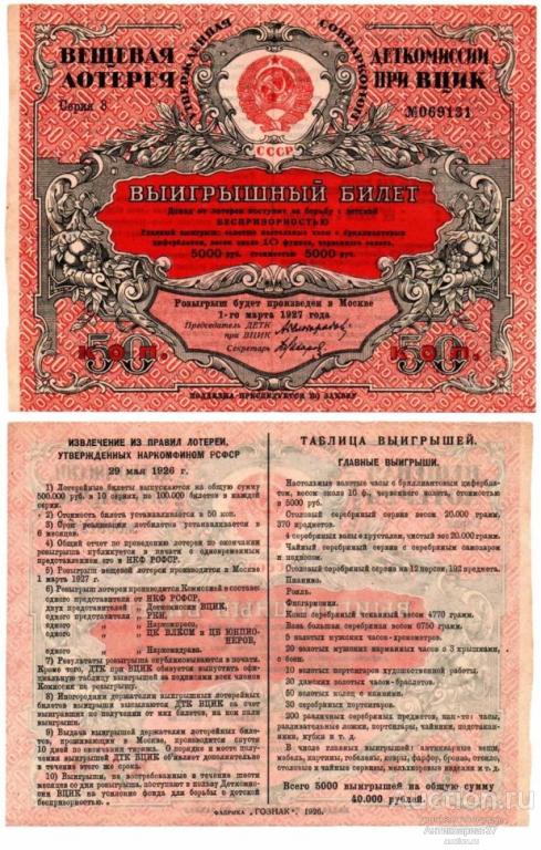 Лотерейный билет 50 копеек 1927 года, Вещевая лотерея Деткомиссии при ВЦИК (№069131)