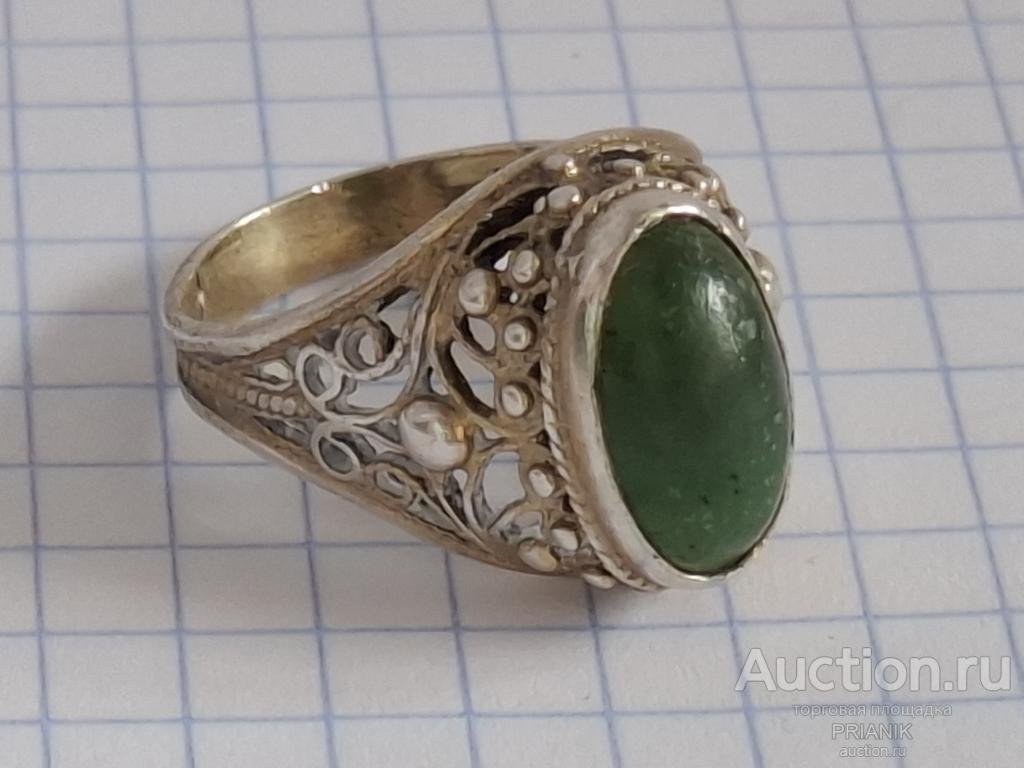Кольцо перстень скань СССР СЕРЕБРО звезда 875 проба Р 18,5 нефрит