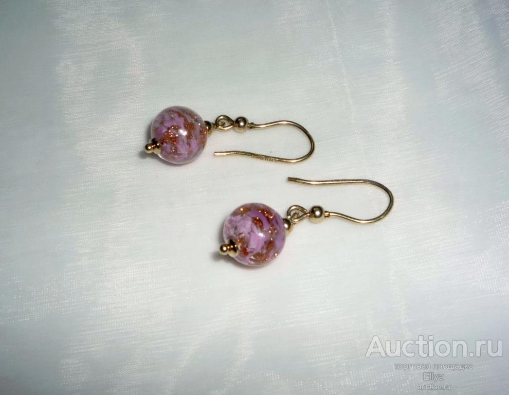 Серьги с муранским стеклом. Серебро 925 пр., позолота. Италия.