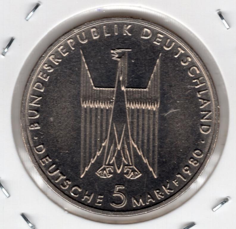 5 марок - Германия (ФРГ) - 1980 - Кельнский собор - KM#153