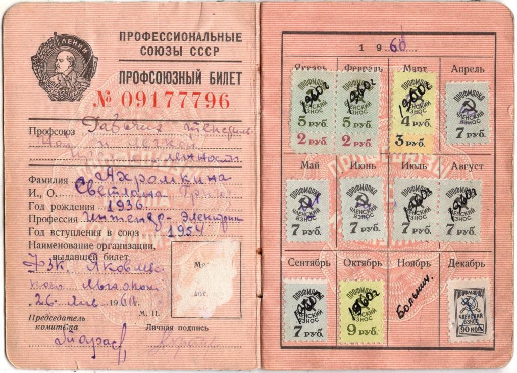 Профсоюзный билет Профсоюз рабочих текстильной и легкой промышленности 1960 СССР