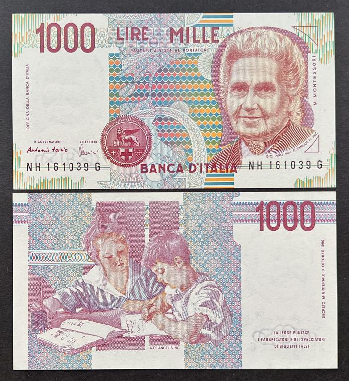 ИТАЛИЯ 1000 ЛИР 1990 ГОД «МАРИЯ МОНТЕССОРИ.ШКОЛА МОНТЕССОРИ» UNC