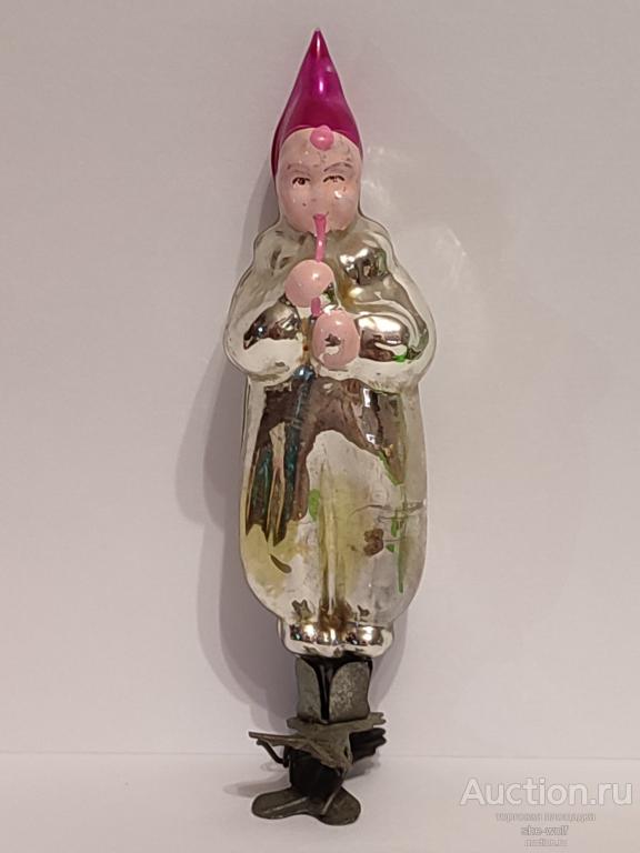 Ёлочная игрушка на прищепке. Мальчик с дудочкой. Арлекин. Стекло. СССР.(М2).