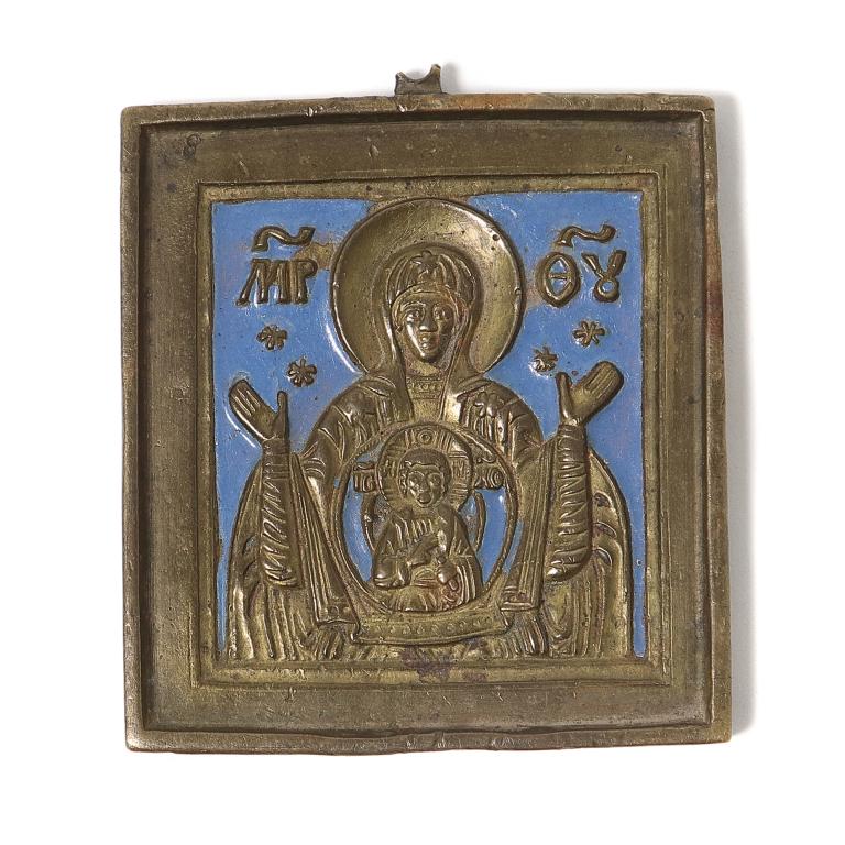Литая икона "Икона Божией Матери "Знамение". Бронза, эмаль. Россия, конец 19 века.