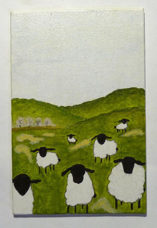 Картина Овечки холст оргалит акрил 15х10 см