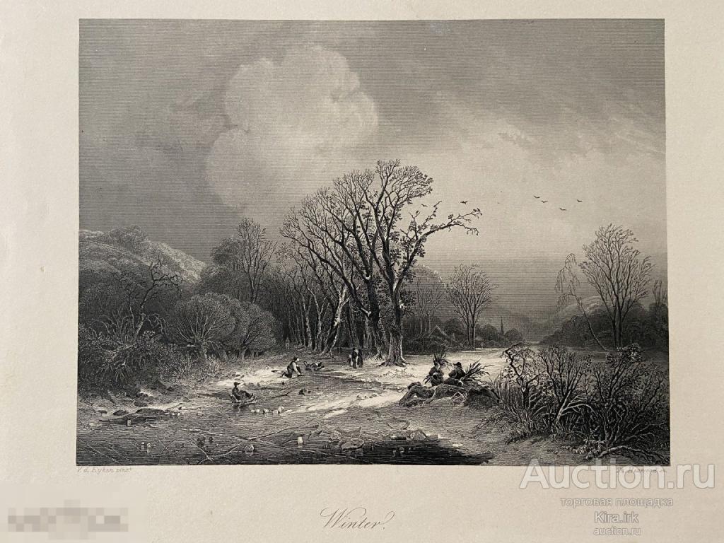 Старинная Гравюра 1850-х. Оригинал. Зима. пейзаж, природа. Зимние забавы, санки