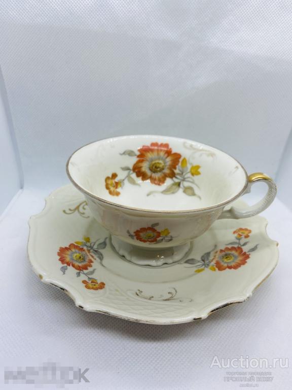Чайная пара . Фарфор. Айвори. Бавария. Гдр