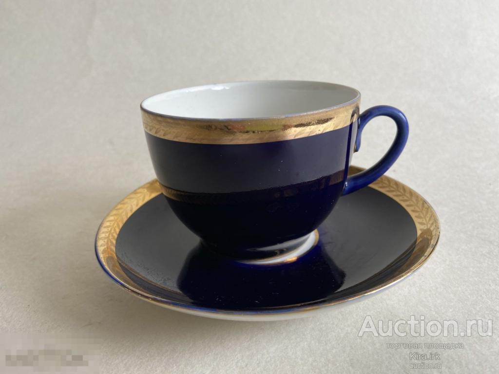 ЛФЗ. СССР. Фарфоровая чайная пара. Кобальт, синяя, с золотой каёмочкой, фарфор.