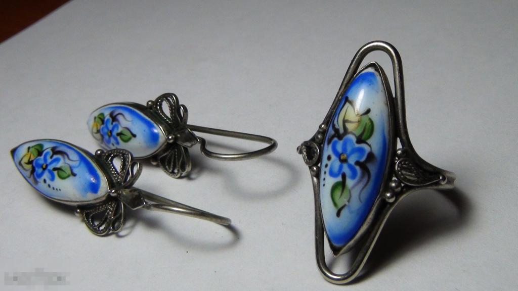 Серьги,кольцо 18 размер финифть