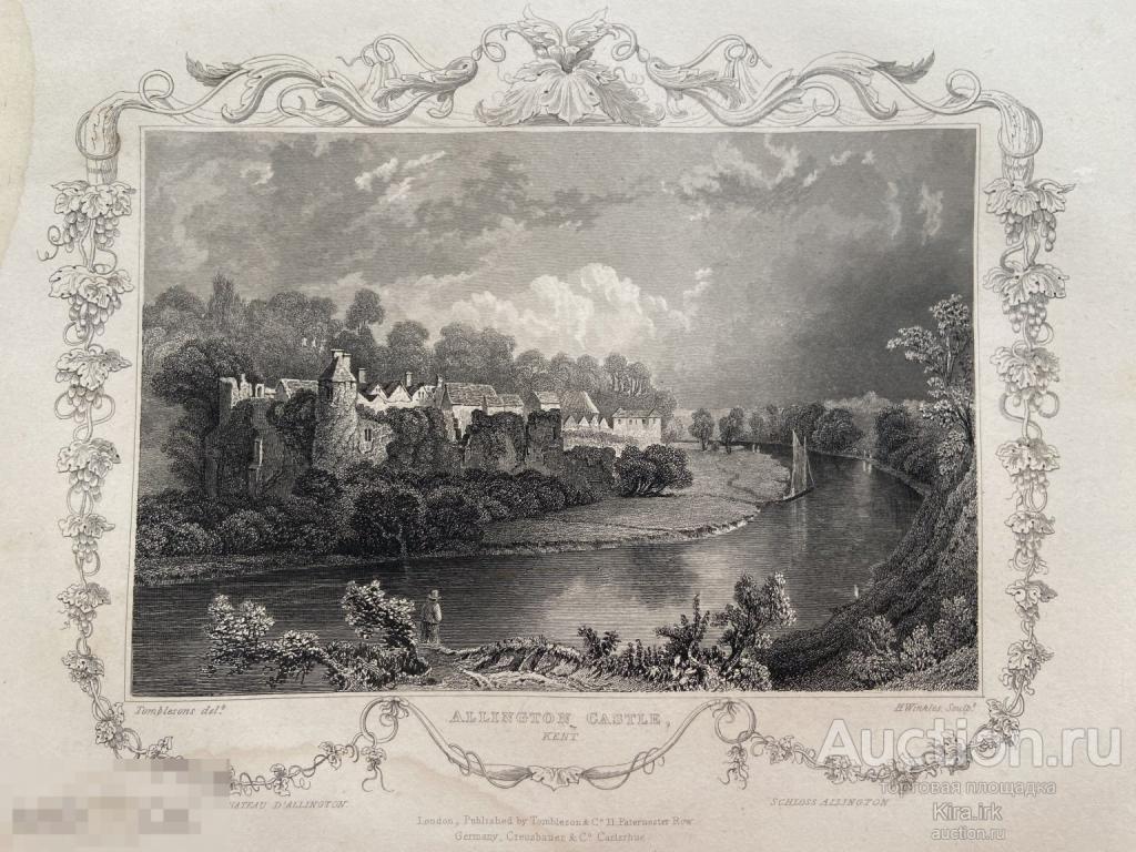 Замок Эллингтон. Пейзаж на реке Темза. Роскошная старинная гравюра 1837г. Парус. Пейзаж