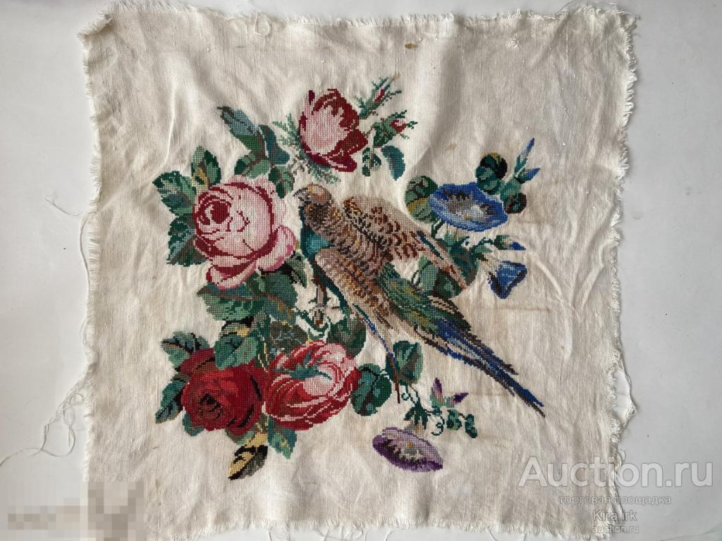Красивая вышивка ручной работы фазан в розах. 1950-х. СССР. Вышивка крестом.