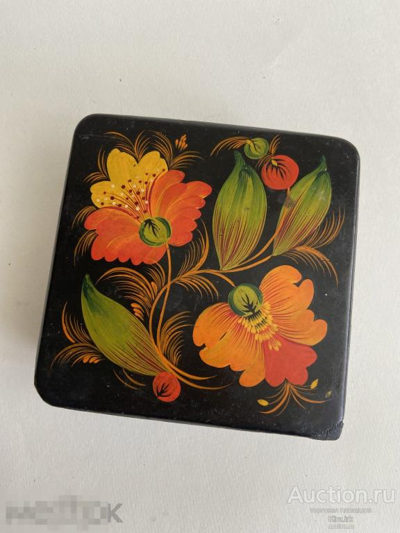 квадратная лаковая чёрная шкатулка. ХОХЛОМА Роспись оранжевые цветы. Ручная роспись. 14см