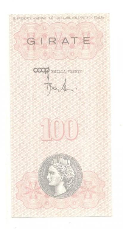100 лир 1976 Италия банковский чек UNC (031872)
