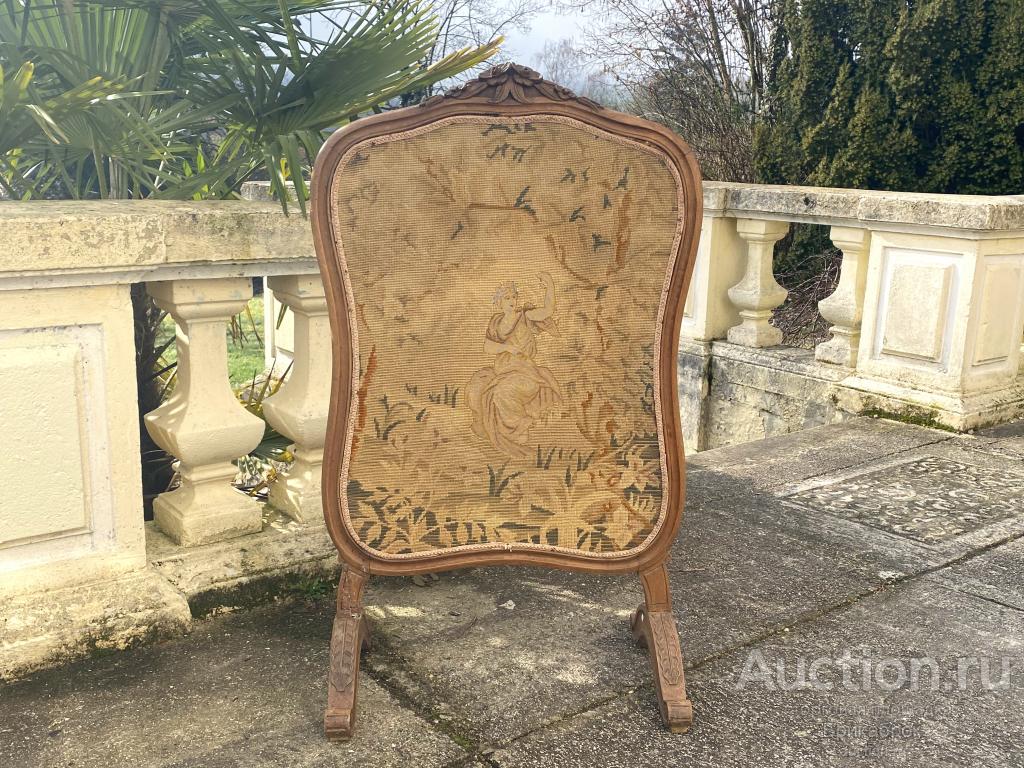 Старинный экран для камина двусторонний Ширма Гобелен