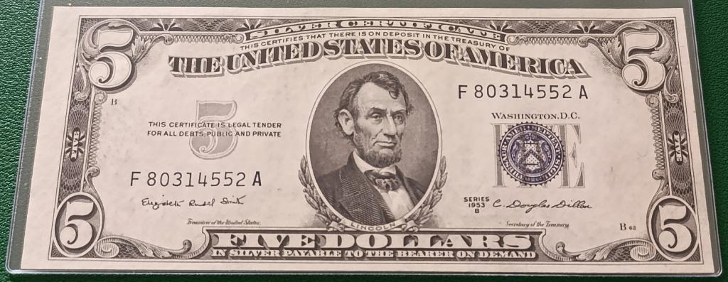 Банкнота 5 долларов США 1953 года серии В silver certificate