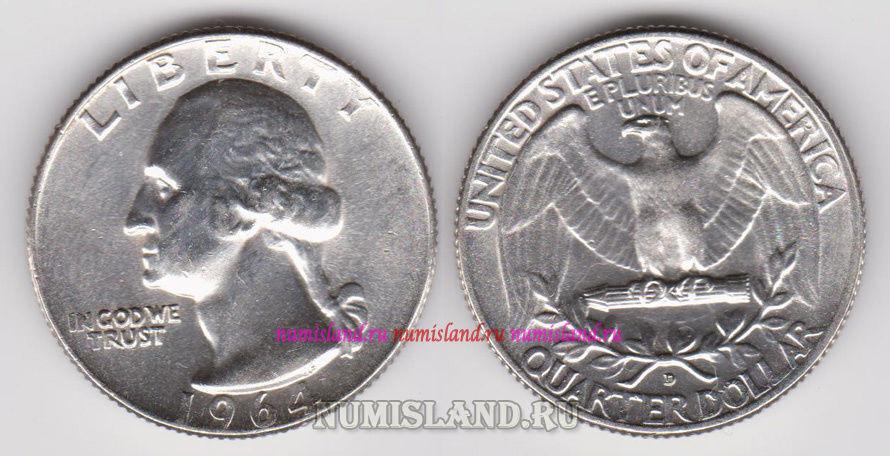 США 1/4 доллара 25 центов 1964 aUNC Вашингтон