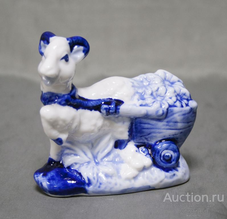 Статуэтка Баран с повозкой, Гжель, высота 8 см  (3)