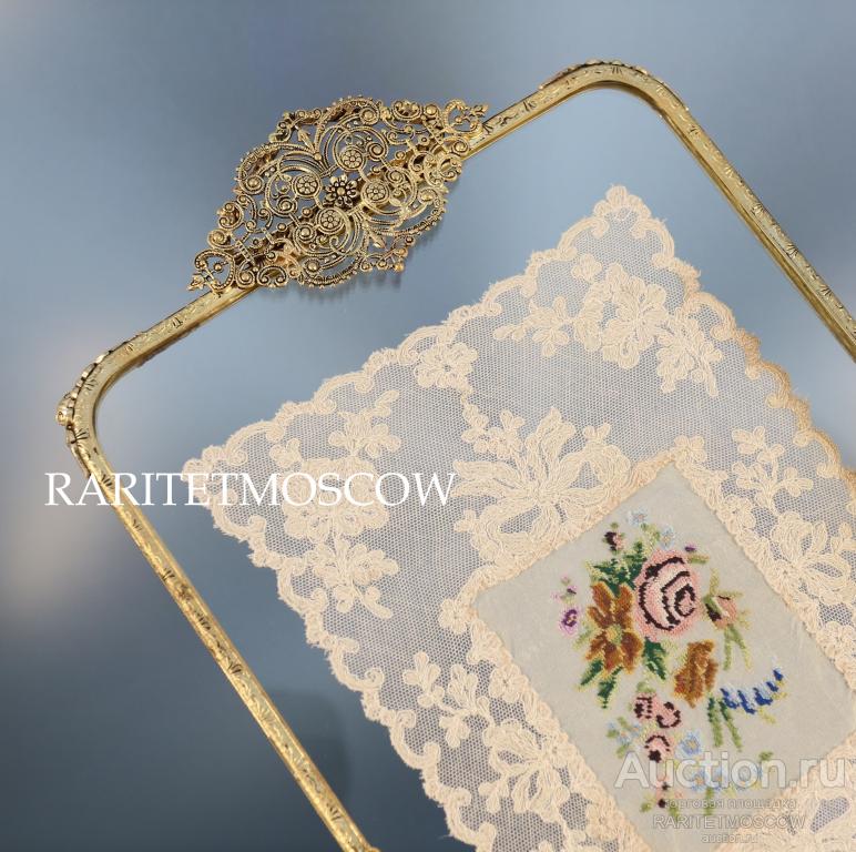 Поднос старинный антикварный будуарный бронза латунь золото вышивка 18