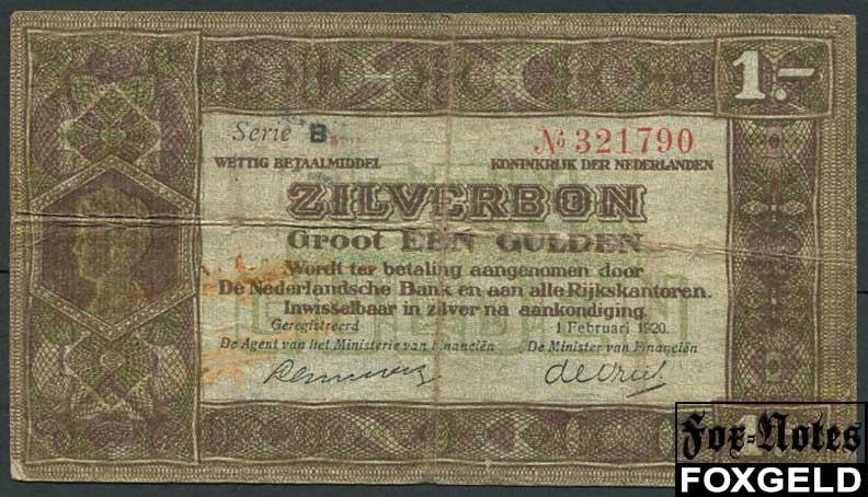 Нидерланды 1 гульден 1920 ZILVERBONNEN aF P:15  В